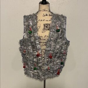 Festive Silver Tinsel Vest with Ornaments